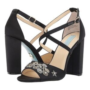 Betsey Johnson Finly Black Satin Beaded Heels 7.5